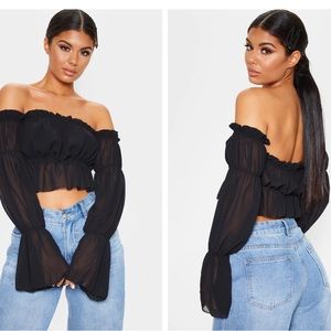 Black Woven Ruffle Bardot Flared Sleeve Blouse